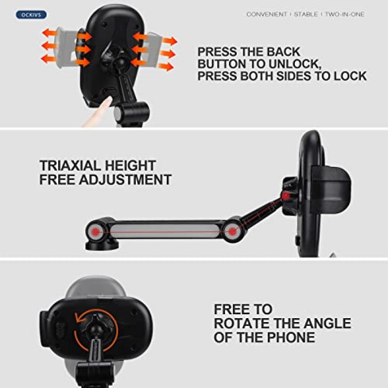 Ockivs 컵 홀더 자동차용 휴대폰 마운트, 업그레이드 2-in-1 360° 회전 범용 조정 가능한 베이스 긴 목 자동차 컵 홀더 휴대폰 홀더 모든 4-7인치 스마트폰과 호환 가능
