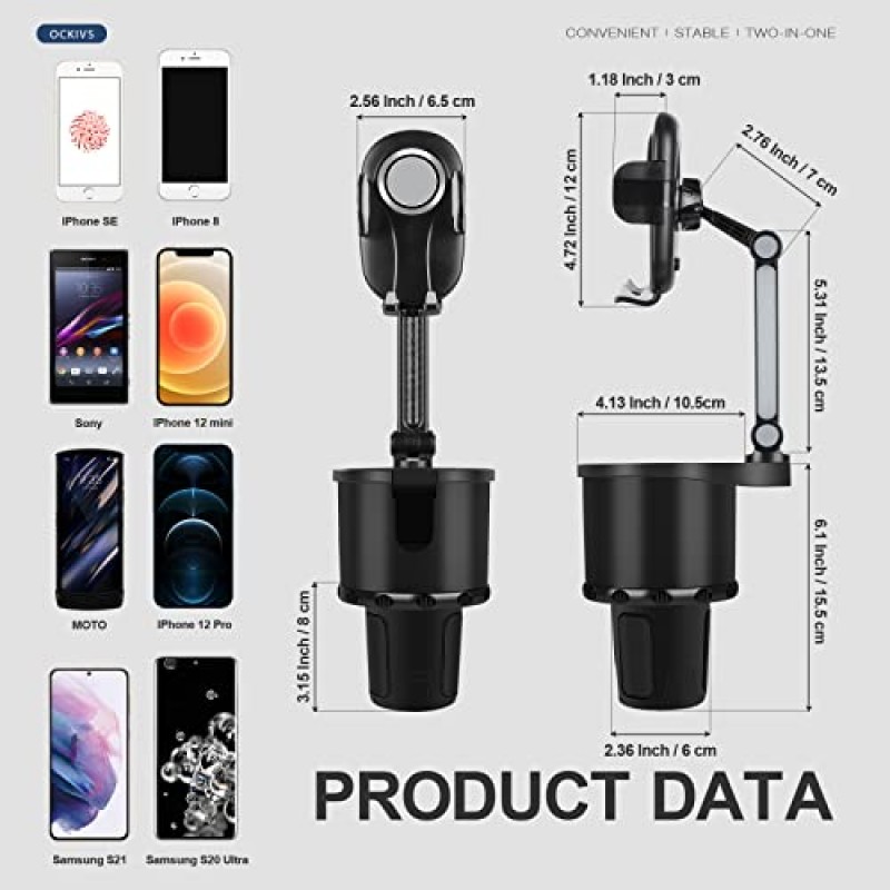 Ockivs 컵 홀더 자동차용 휴대폰 마운트, 업그레이드 2-in-1 360° 회전 범용 조정 가능한 베이스 긴 목 자동차 컵 홀더 휴대폰 홀더 모든 4-7인치 스마트폰과 호환 가능
