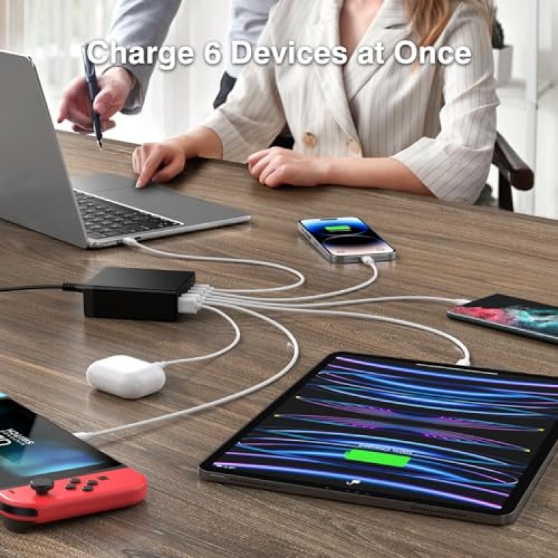 165W USB C 고속 충전기 GaN 컴팩트 6 포트 PD USB C 충전 스테이션 블록 허브 플러그 노트북 전원 어댑터 MacBook Pro/Air와 호환 가능 iPad Pro iPhone 15 14 13 12 11 Galaxy Note S23 Pixel Steam Deck