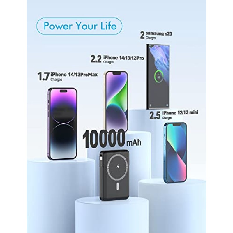 podoru 무선 휴대용 충전기, 10000mAh 자기 보조베터리 내장 USB C 조명 케이블 22.5W PD 고속 충전 LED 디스플레이 iPhone 15/14/13/12/Mini/Pro/Pro Max용 자기 안전 배터리 팩 - 블랙