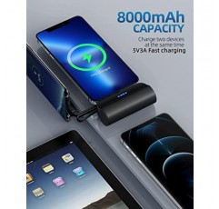 Abnoys 휴대용 충전기 전원 은행 - 8000mAh 초소형 휴대용 전화 충전기 5V3A 출력 배터리 팩 iPhone 및 Samsung 등과 호환되는 내장 Type-C 케이블 및 휴대폰 홀더(검은색)