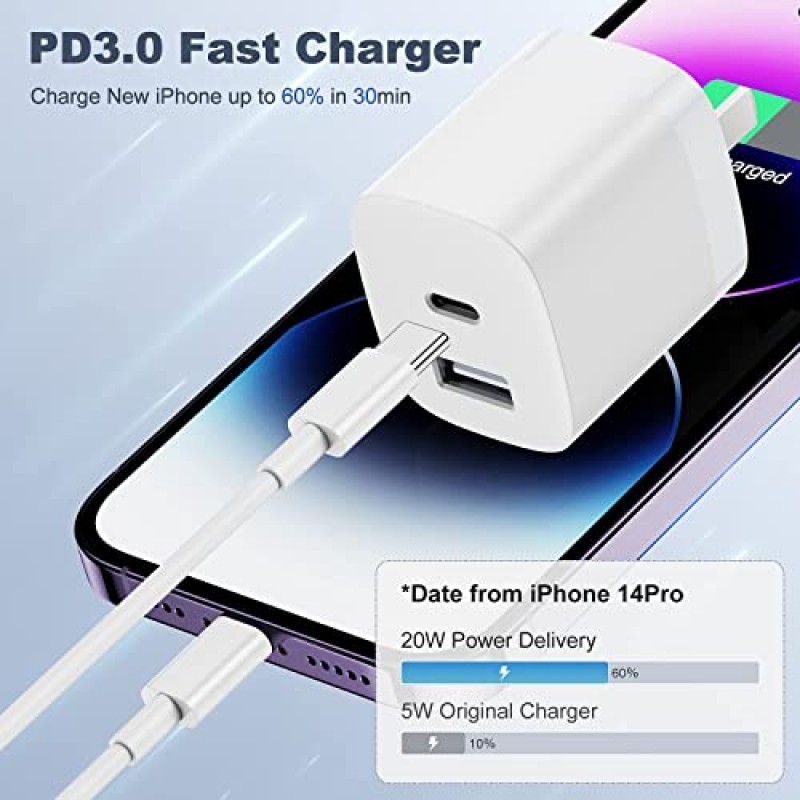 10FT/6FT iPhone 접이식 듀얼 포트 고속 충전기, 2팩 PD 20W USB C 벽 충전기 블록, 4팩 포함 [Apple MFi 인증] 라이트닝 케이블 iPhone 14 13 12 11 Pro Max Mini/iPad/AirPod용 고속 충전