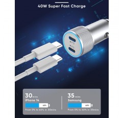 USB C 차량용 충전기 고속 충전[2팩], 듀얼 PD 포트 시가 라이터 플러그 최소형 플러시 핏 40W 차량용 충전기 어댑터 iPhone 14/13 Pro Max/Samsung Galaxy S23/S22/A51/Android/iPad Pro용 고속 충전