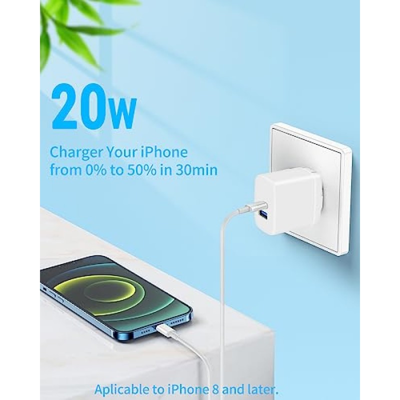 [2팩] USB C 충전기 블록, 20W PD 고속 충전 헤드, iPhone 11/12/13/14/Pro/Max//Plus/Mini/iphone X/XS/SR/Max/ipad Air 5/4/용 iPad 시리즈/미니 시리즈, 듀얼 포트 접이식 벽면 충전기(화이트)