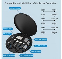 다기능 컴팩트 케이블 카드, USB A/Type C/마이크로 USB/라이트 USB 어댑터 키트가 포함된 휴대용 보관함, PD 60W 충전 및 데이터 전송 케이블 키트, Sim 카드 트레이 꺼내기 도구 및 슬롯 - 검정색