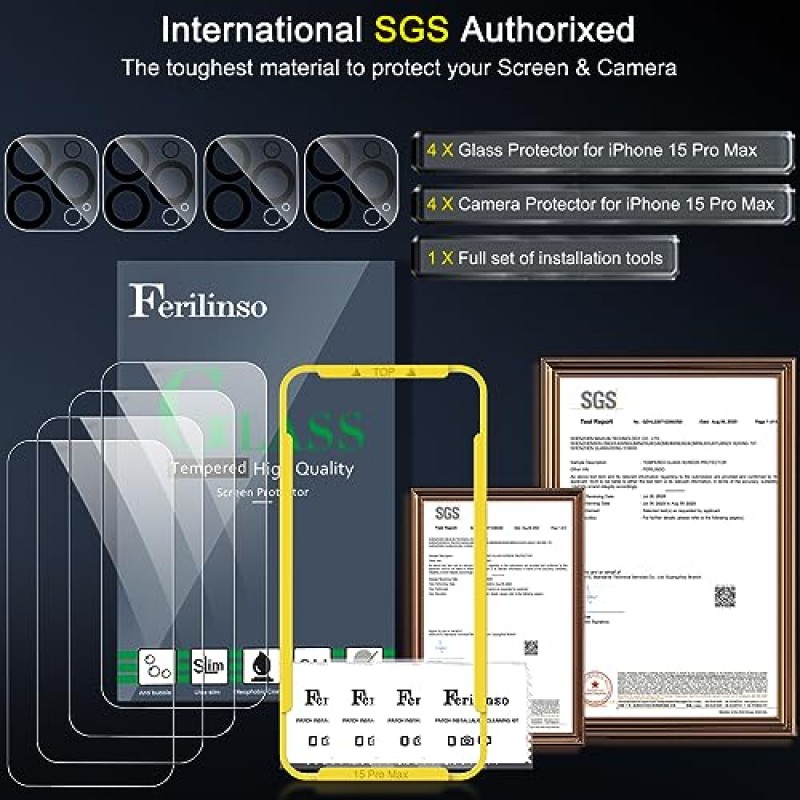 Ferilinso 4팩 화면 보호기(iPhone 15 Pro Max) 4팩 강화 유리 카메라 렌즈 보호기 휴대폰 케이스 친화적인 울트라 액세서리 Protector de Pantalla for iPhone 15 Pro Max