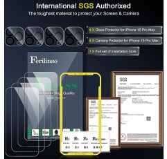 Ferilinso 4팩 화면 보호기(iPhone 15 Pro Max) 4팩 강화 유리 카메라 렌즈 보호기 휴대폰 케이스 친화적인 울트라 액세서리 Protector de Pantalla for iPhone 15 Pro Max