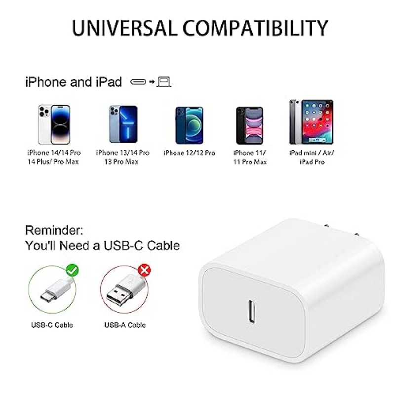 4팩 iPhone 충전기 20W PD USB C 벽면 고속 충전기 어댑터(4팩 USB C 케이블 포함) iPhone 14/14 Pro/14 Pro Max/14 Plus/13/12/11, iPad Pro 등과 호환 가능