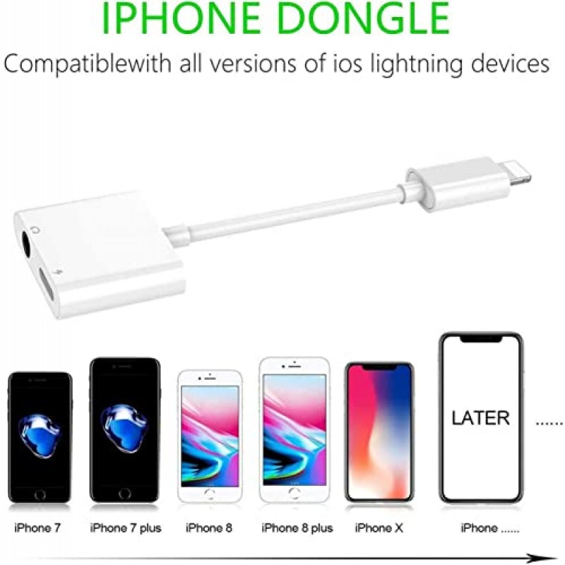 iPhone용 헤드폰 어댑터 [Apple MFi 인증], iPhone 액세서리용 2 in 1 Lightning ~ 3.5mm AUX 오디오 동글 충전기 분배기, iPhone 13/12/11/XR/X/8/7과 호환 가능, 모든 iOS 시스템 지원