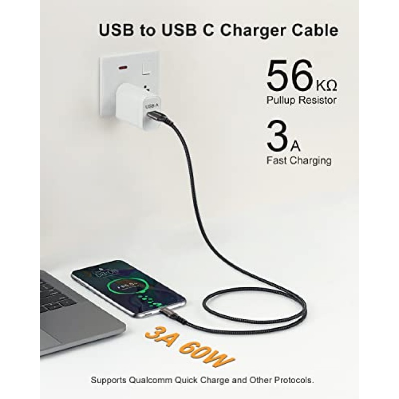 Aoybevty USB A - USB C 케이블 3.3FT+10FT, 3.1/3.2 Gen 2 데이터 전송 및 차량용 충전기용 60W 3A 고속 충전 케이블 Android Auto Samsung Galaxy S23 S22 S21 S20 S10 Ultra 및 기타 유형 C 장치