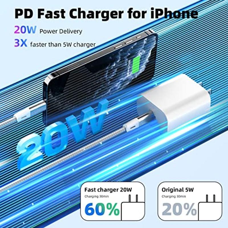 MenoSupp iPhone 충전기 고속 충전 MFi 인증 2팩 20W PD USB-C 벽면 충전기 및 6FT USB C-라이트닝 케이블 iPhone 고속 충전기 iPhone 14 13 12 11 X와 호환 가능 더보기