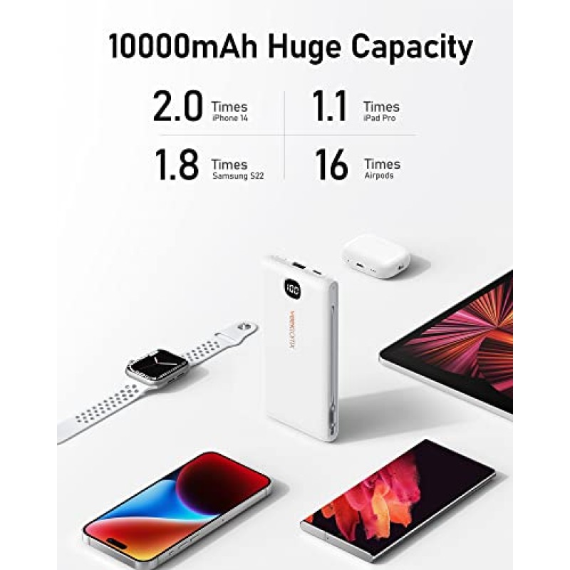 케이블이 내장된 VEEKTOMX 보조베터리 10000mAh, 15W USB C 고속 충전 휴대용 충전기 AC 벽면 플러그 내장, iPhone/Samsung Note10/S20 S21 S22와 호환되는 울트라 슬림 배터리 충전기