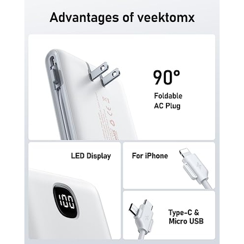 케이블이 내장된 VEEKTOMX 보조베터리 10000mAh, 15W USB C 고속 충전 휴대용 충전기 AC 벽면 플러그 내장, iPhone/Samsung Note10/S20 S21 S22와 호환되는 울트라 슬림 배터리 충전기