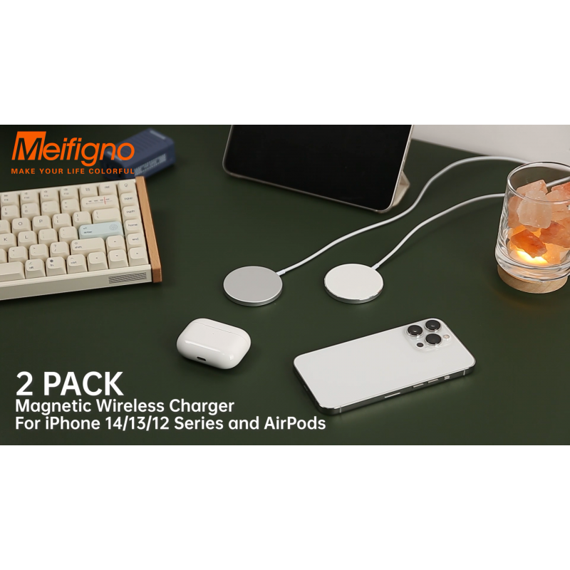 Meifigno 자기 무선 충전기 2팩 iPhone 15 14 13 12 Pro Max Plus Mini, AirPods 3/Pro 2/Pro, 5피트 듀얼 충전 포트 케이블이 포함된 무선 충전 패드, 메탈 실버용 15W 고속 자기 안전 충전기