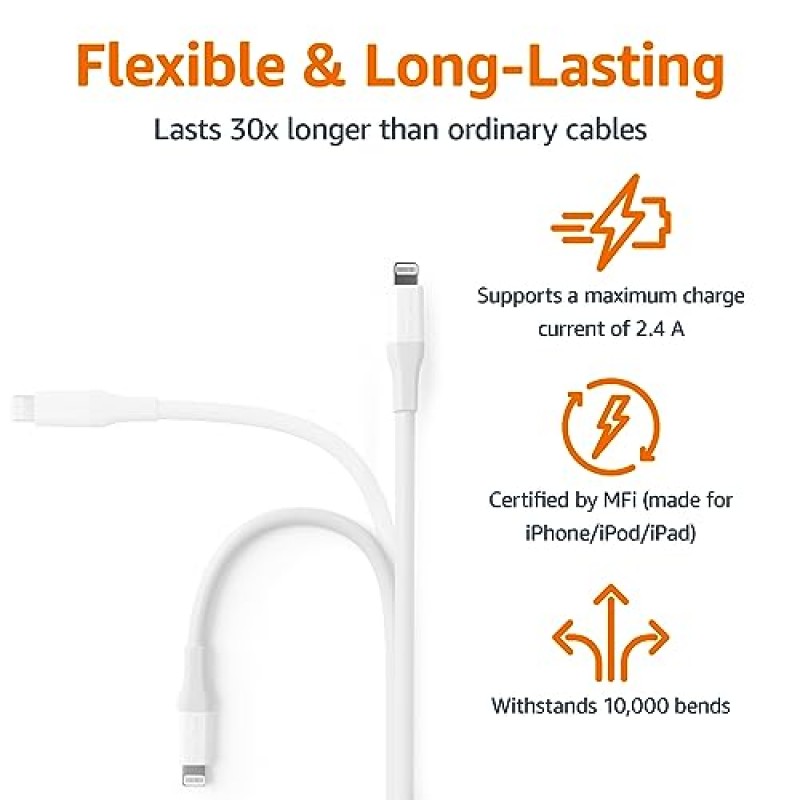 iPhone용 Amazon Basics Lightning-USB-C 케이블, 10피트, 흰색