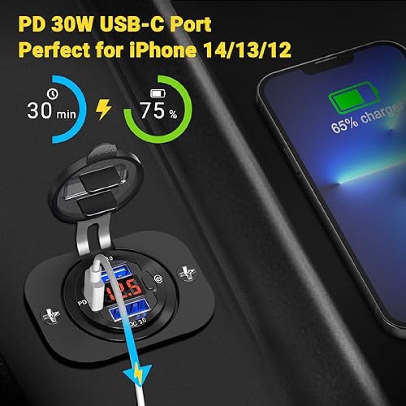 66W 12V USB 콘센트, Qidoe 듀얼 빠른 충전 3.0 및 PD 30W, 빨간색 전압계 및 스위치가 있는 USB 12V 전원 콘센트, 자동차 액세서리용 방수 알루미늄 소켓 보트 USB 포트 해양 USB 콘센트