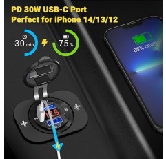 66W 12V USB 콘센트, Qidoe 듀얼 빠른 충전 3.0 및 PD 30W, 빨간색 전압계 및 스위치가 있는 USB 12V 전원 콘센트, 자동차 액세서리용 방수 알루미늄 소켓 보트 USB 포트 해양 USB 콘센트