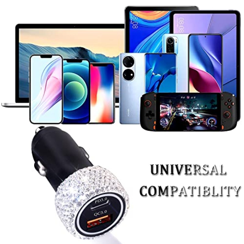 USB C 차량용 충전기 어댑터 54W 블링 다이아몬드 PD 및 QC 2포트 유형 C 소형 차량용 충전기 iPhone, iPad, Samsung Galaxy, LG, Google Pixel, Moto, USB-C 포트와 호환 가능