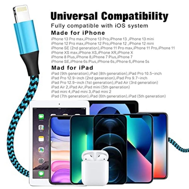 [Apple MFi 인증] iPhone 충전기 3팩 6FT USB 라이트닝 케이블 고속 충전 나일론 편조 iPhone 충전기 코드 iPhone 14/13/12/11 Pro Max/XS MAX/XR/XS/X/8/7/Plus/6S/와 호환 가능 6/SE/5S/아이패드…