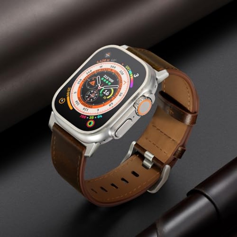 UUPWPOKT Apple Watch Ultra 2/울트라 밴드와 호환 가능 49mm 45mm 44mm 42mm 남성 여성, iWatch Ultra 시리즈 9 8 7 6 5 4 3 2 1 SE, 다크 브라운/티타늄용 탑 그레인 정품 가죽 밴드 스트랩