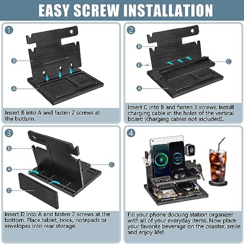최대 3대의 휴대폰을 위한 검정색 원목 휴대폰 도킹 스테이션 - 여러 대의 휴대폰, 태블릿, Apple Watch 등을 보관할 수 있는 남성 및 여성용 나이트스탠드 정리함 - 열쇠, 반지, 안경 및 EDC를 깔끔하게 보관