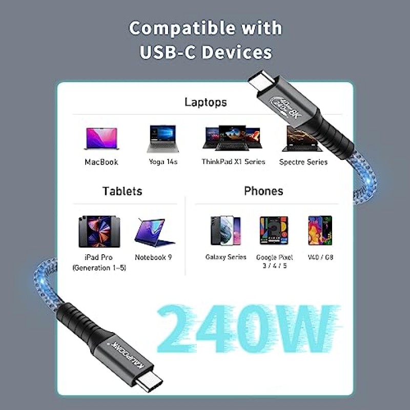 KAUPOONK USB 4 케이블: 8K HD 디스플레이 지원, 초고속 40Gbps 데이터 전송 및 강력한 240W 충전 USB C-Type-C 케이블(iPhone 15Pro/15ProMax/15/15Plus, 노트북, 허브, 도킹(3.3피트)용)