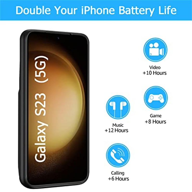 Galaxy S23용 배터리 케이스, [4700mAh] 슬림 휴대용 보호용 고속 충전 케이스 백업 전원 은행 충전기 케이스 삼성 Galaxy S23-6.1 인치와 호환되는 배터리 팩-블랙