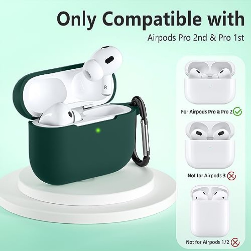 Airpod Pro 케이스 커버용 키체인 및 끈 액세서리가 포함된 Airpods Pro 2세대용 Lerobo 케이스, Apple Airpods Pro 2 케이스용 전체 보호 실리콘 스킨, [전면 LED 표시] 진한 녹색