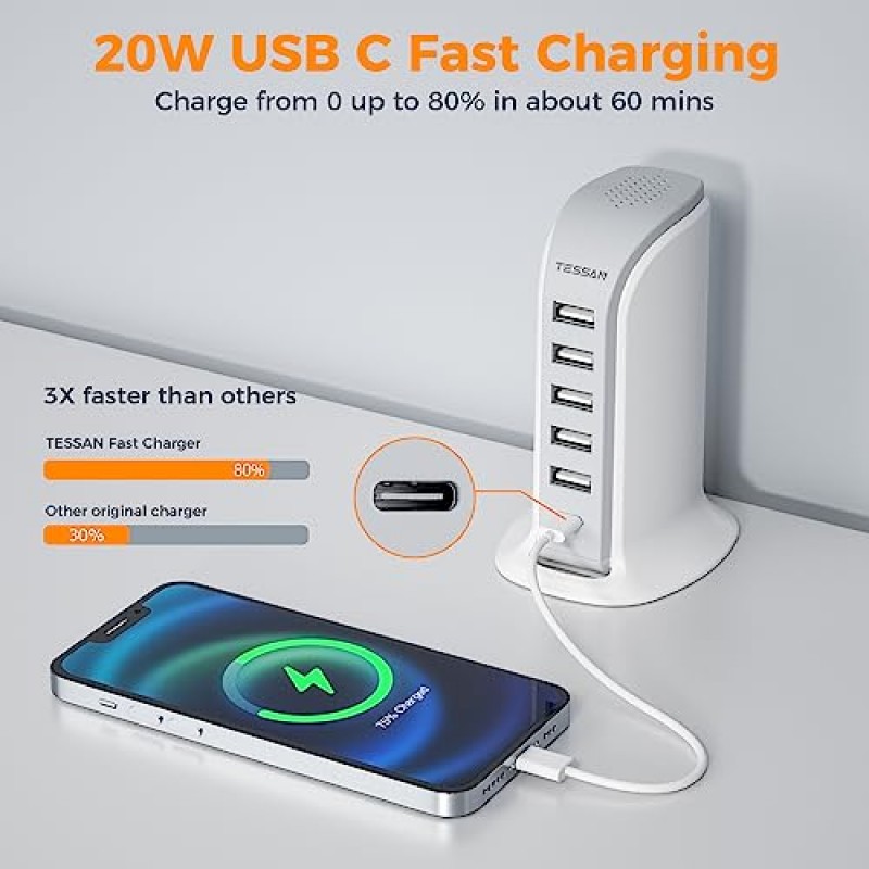 유럽 ​​여행 플러그 어댑터 USB C, TESSAN 40W PD 6 포트 충전 스테이션, 여러 장치용 고속 충전기 타워, 미국에서 유럽으로 연결되는 C형 플러그 EU 이탈리아 아이슬란드 스페인 프랑스 독일 그리스