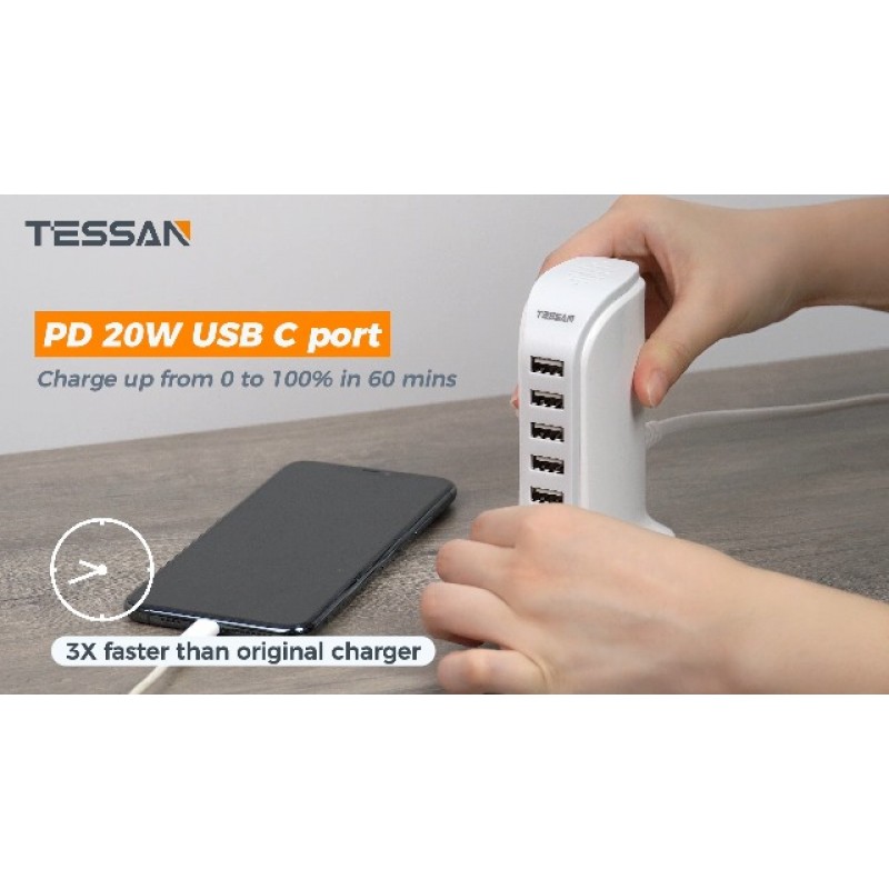 유럽 ​​여행 플러그 어댑터 USB C, TESSAN 40W PD 6 포트 충전 스테이션, 여러 장치용 고속 충전기 타워, 미국에서 유럽으로 연결되는 C형 플러그 EU 이탈리아 아이슬란드 스페인 프랑스 독일 그리스