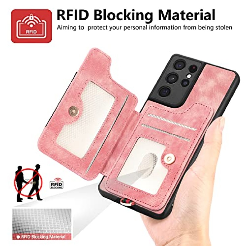 삼성 갤럭시 S21 울트라 5G 지갑 커버용 전화 케이스(화면 보호기 및 손목 스트랩 끈 포함) RFID 신용 카드 홀더 링 스탠드 셀 액세서리 S21ultra 21S S 21 21ultra G5 여성 남성 핑크