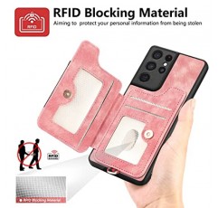 삼성 갤럭시 S21 울트라 5G 지갑 커버용 전화 케이스(화면 보호기 및 손목 스트랩 끈 포함) RFID 신용 카드 홀더 링 스탠드 셀 액세서리 S21ultra 21S S 21 21ultra G5 여성 남성 핑크