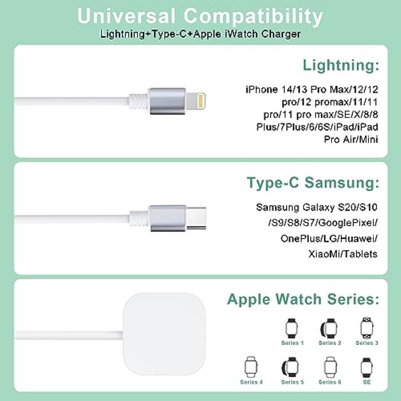 멀티 3-in-1 접이식 범용 휴대폰 충전 케이블 + Apple Watch 충전기 코드, USB A - Lightning + Type C + iWatch 시리즈용 iWatch 충전기8 7 6 5 4 3 2 SE/iPhone 14 13 12 Pro/Samsung/iPad 등