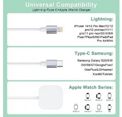 멀티 3-in-1 접이식 범용 휴대폰 충전 케이블 + Apple Watch 충전기 코드, USB A - Lightning + Type C + iWatch 시리즈용 iWatch 충전기8 7 6 5 4 3 2 SE/iPhone 14 13 12 Pro/Samsung/iPad 등