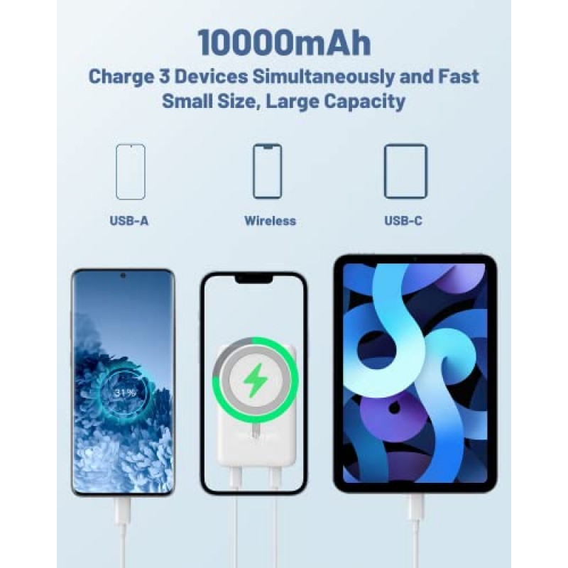 Yiisonger 무선 보조베터리, 슬림 10000mAh 자기 휴대용 충전기 22.5W PD 고속 충전, 미니 자석 안전 배터리 팩 QC3.0 LED 디스플레이 USB-C iPhone 15&14&13 Pro Max/Pro와 호환 가능(흰색)