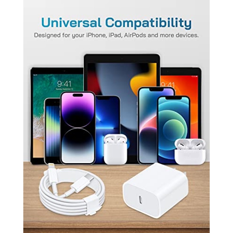 iPhone 충전기 고속 충전 [3 팩], [MFi 인증] 6Ft USB-C-라이트닝 케이블이 포함된 20W USB-C 벽면 충전기 큐브 iPhone 14/13/12/11/X/XR/8/7, iPad 및 호환 가능 더