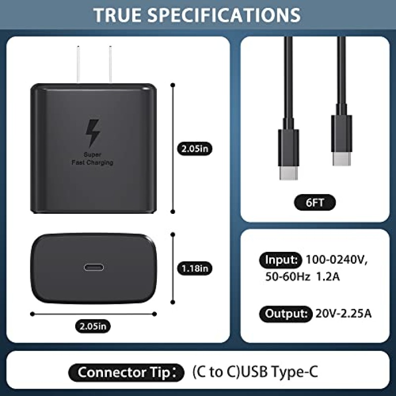 6FT Type C 충전 케이블 코드가 포함된 새로운 45W USB-C 삼성 초고속 충전기 - 삼성 갤럭시 S23 울트라/S23/S23+/S22/S22 울트라/S22+/노트 10/20/S20/S21, 갤럭시 탭 S7/용 안드로이드 휴대폰 충전기 S8-2 팩