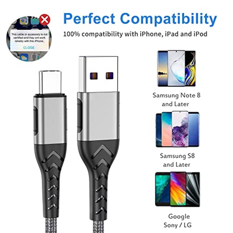 Durcord USB C 케이블, 2팩 6피트 고속 충전 안드로이드 폰 패드 노트북용 6피트 USB 타입 C 코드 케이블, 6피트 타입 C 충전기 프리미엄 나일론 편조 USB 케이블 - 실버