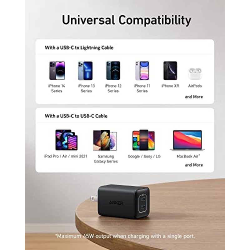 Anker 47W USB C 충전기(나노 3), iPhone 15/15 Plus/15 Pro/15 Pro Max/14, Galaxy, Pixel 4/3, iPad/iPad Mini용 2포트 소형 접이식 GaN 고속 충전기(케이블은 포함되지 않음) - 검은색