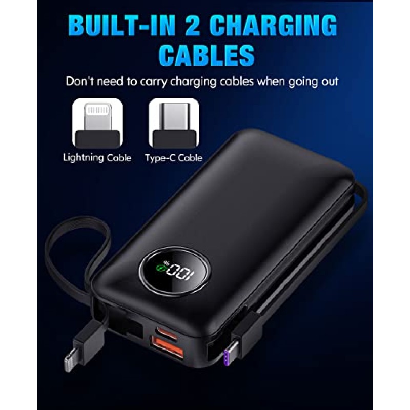 LOVELEDI 휴대용 충전기 전원 은행 - 15000mAh PD 30W 전원 은행, Type-C(30W) 및 iOS(20W) 출력 케이블 내장 iPhone 및 Android 휴대폰과 대부분의 전자 장치용 LED 디스플레이(검은색)