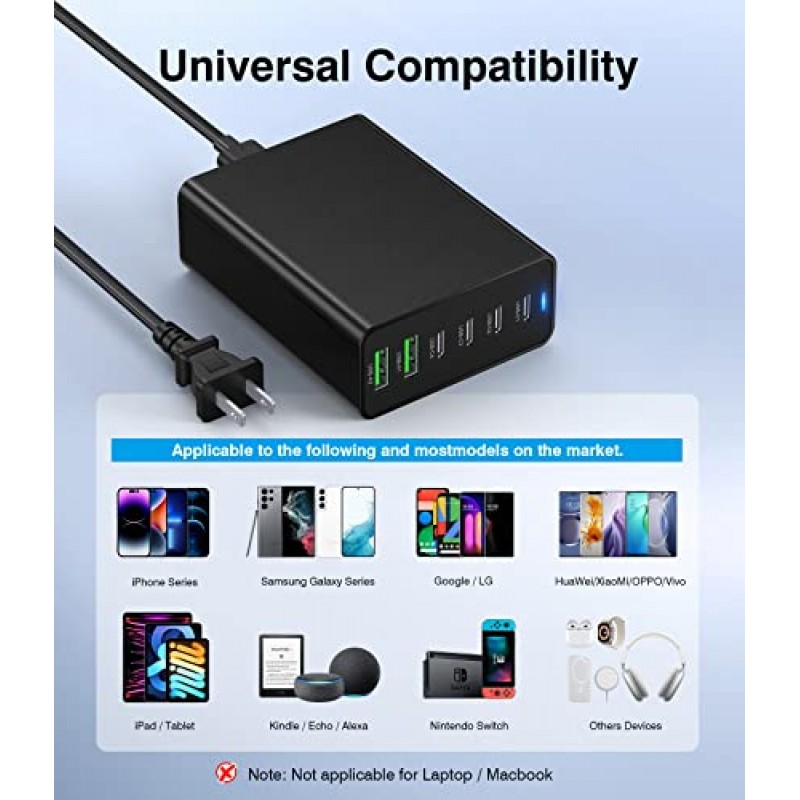 USB C 고속 충전기 100W GaN 소형 USB C 충전 스테이션 6 포트 USB 유형 C 충전 블록 허브 전원 스트립, 4 PD USB C 2 QC USB A 벽 충전기 iPad iPhone 15 14 13 12 11 Pro Max Pixel Note Galaxy