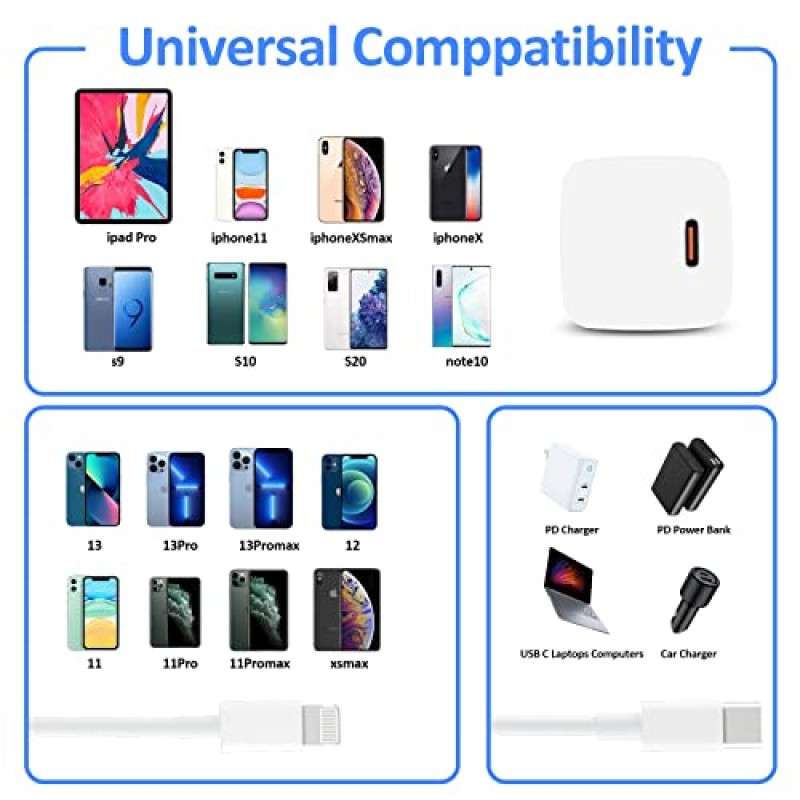 iPhone 고속 충전기, 2팩 Apple MFi 인증 유형 C 블록 고속 충전 벽 플러그, 10피트 길이의 USB C-라이트닝 케이블 코드, iPhone 14/13/12/11/Pro/Pro Max/11/Xs Max/XR/과 호환 가능 엑스,아이패드