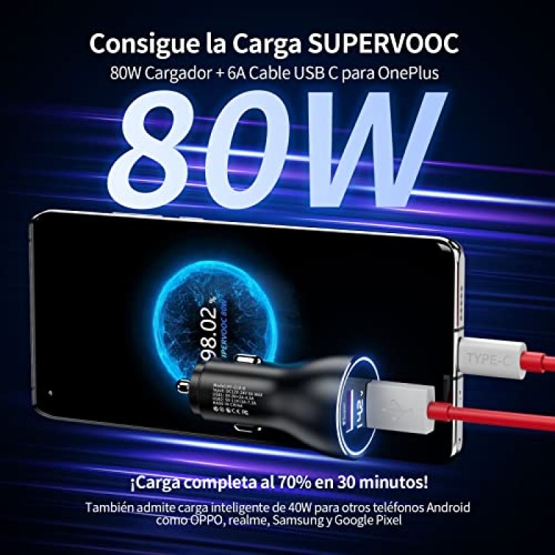 차량용 충전기 80W OnePlus 11 10 Pro SuperVOOC 차량용 충전기 듀얼 USB 차량용 충전기 어댑터 LED 디스플레이 워프 충전기 65W OnePlus 패드 10T Nord 9 Pro 8 7T 6 6T 5 5T Buds Pro(3.3FT USB C 케이블 포함)