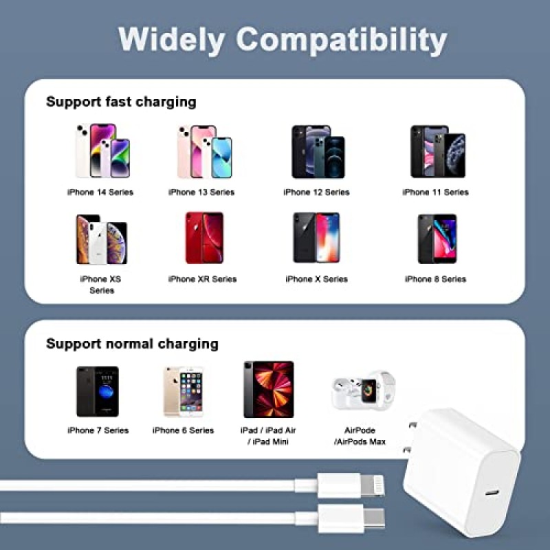 【Apple MFi 인증】iPhone 14 13 충전기 고속 충전, 2팩 PD 20W USB C iPhone 충전기 고속 충전 블록, 10FT 긴 유형 C - iPhone 14 13 12 11 XS XR X 8용 번개 고속 충전기 케이블