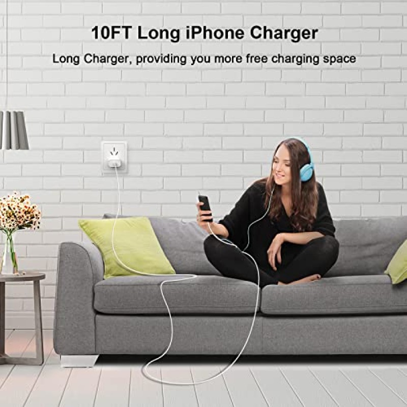 【Apple MFi 인증】iPhone 14 13 충전기 고속 충전, 2팩 PD 20W USB C iPhone 충전기 고속 충전 블록, 10FT 긴 유형 C - iPhone 14 13 12 11 XS XR X 8용 번개 고속 충전기 케이블