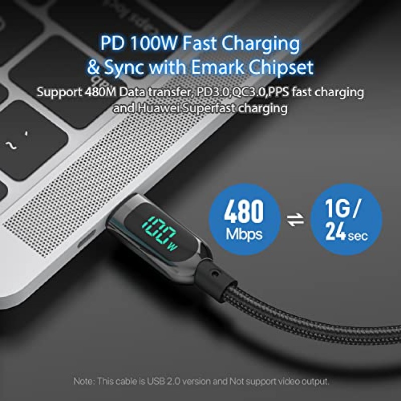 SOOPII 100W 1피트 USB C-USB C 케이블 고속 충전, lPhone 15/15 Pro/15 Plus/15 Pro Max, iPad Air, MacBook Pro, Samsung Galaxy S23/S22, Pixel, LG(검은색)용 LED 디스플레이가 있는 나일론 편조 케이블