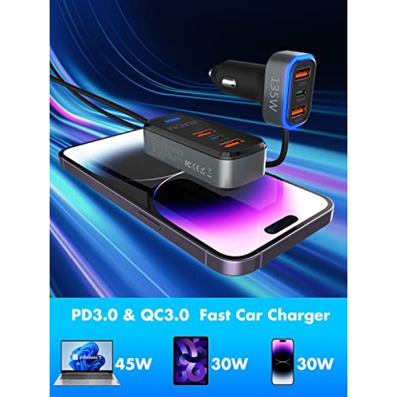 멀티 포트 차량용 충전기, 135W 6 포트 USB C 차량용 충전기 PD 45W 및 QC3.0 여러 장치를 위한 30W 초고속 충전, 5FT 케이블이 포함된 시가 라이터 USB 충전기 호환 iPhone 14/삼성/iPad Pro