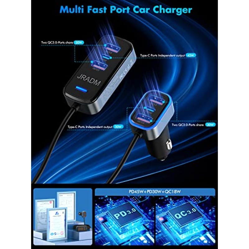 멀티 포트 차량용 충전기, 135W 6 포트 USB C 차량용 충전기 PD 45W 및 QC3.0 여러 장치를 위한 30W 초고속 충전, 5FT 케이블이 포함된 시가 라이터 USB 충전기 호환 iPhone 14/삼성/iPad Pro