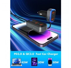 멀티 포트 차량용 충전기, 135W 6 포트 USB C 차량용 충전기 PD 45W 및 QC3.0 여러 장치를 위한 30W 초고속 충전, 5FT 케이블이 포함된 시가 라이터 USB 충전기 호환 iPhone 14/삼성/iPad Pro