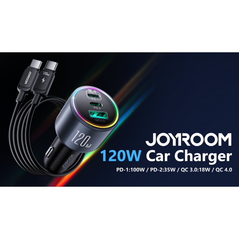 120W 차량용 충전기 USB C, JOYROOM 3 포트 차량용 충전기 여러 장치에 대한 고속 충전 PD 100W&35W QC 3.0/4.0 iPhone 15 Pro P14/13 Samsung S23/22 MacBook 노트북용 초고속 차량용 충전기 어댑터